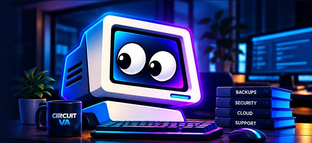 Circuit VA mascot at a desk with backups, security, cloud and support binders